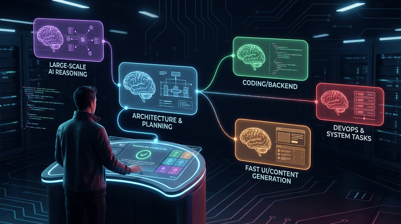 Illustration of a developer selecting between multiple AI models for coding, DevOps, UI generation, and architecture planning